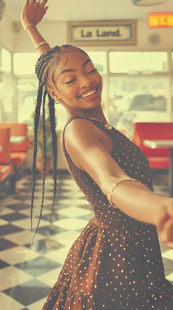 A young woman with long braided hair smiles brightly, wearing a brown polka dot dress. She stands in a diner with checkered floors, her arm extended, suggesting movement or a playful interaction. The diner's ambiance is warm and inviting, with a vintage sign hanging above her. Her happy expression and confident pose create a cheerful and carefree atmosphere.