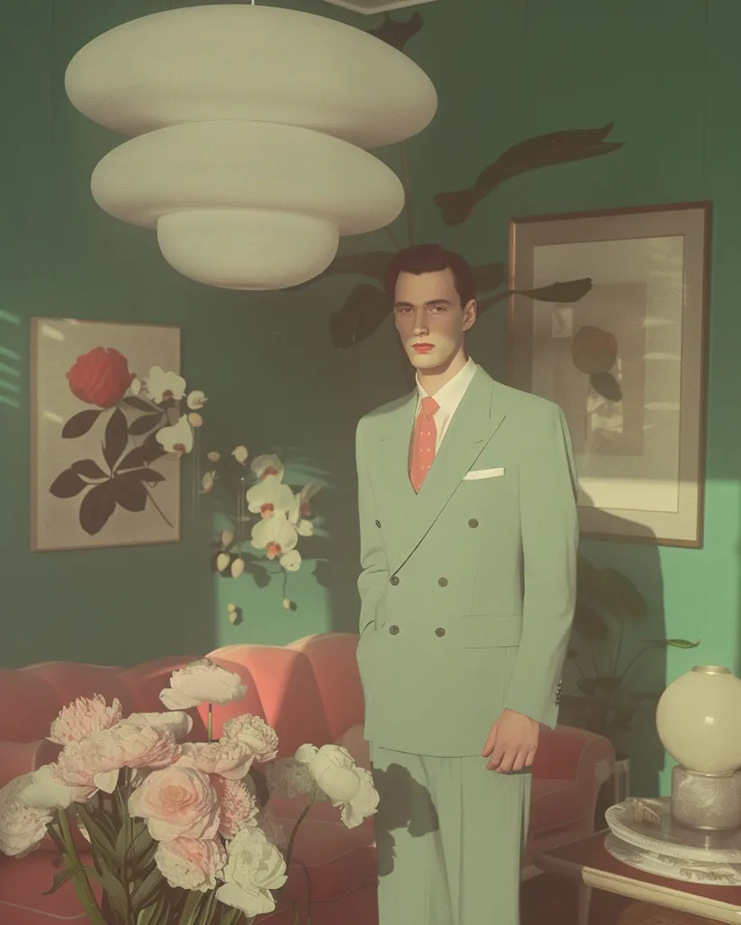 A man in a mint green suit stands in a room with teal walls, holding one hand in his pocket. A white, three-tiered lamp hangs overhead and a pink couch sits in the background. There are floral paintings and a bouquet of white and pink flowers.  The warm light and muted color scheme create a retro aesthetic.