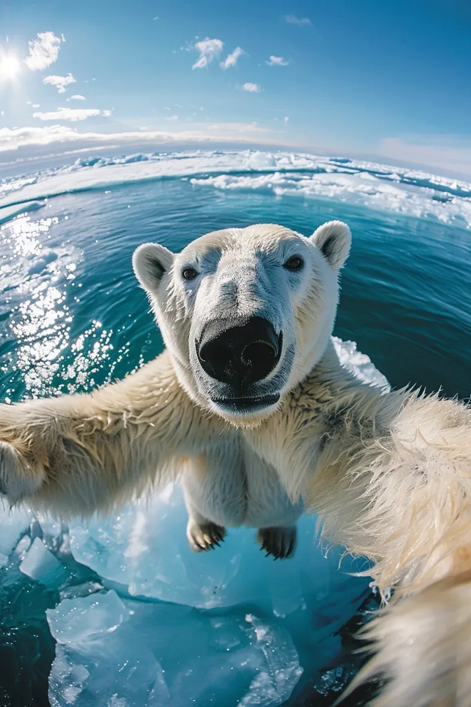 A polar bear takes a selfie in the Arctic. The bear is submerged in blue water and surrounded by ice floes. It is looking directly at the camera with a curious expression. The photo was likely taken with a wide-angle lens to capture the bear's full body.  The background is a bright blue sky and more ice floes. The image captures the beauty and wonder of the Arctic and the unique perspective of a polar bear's world.