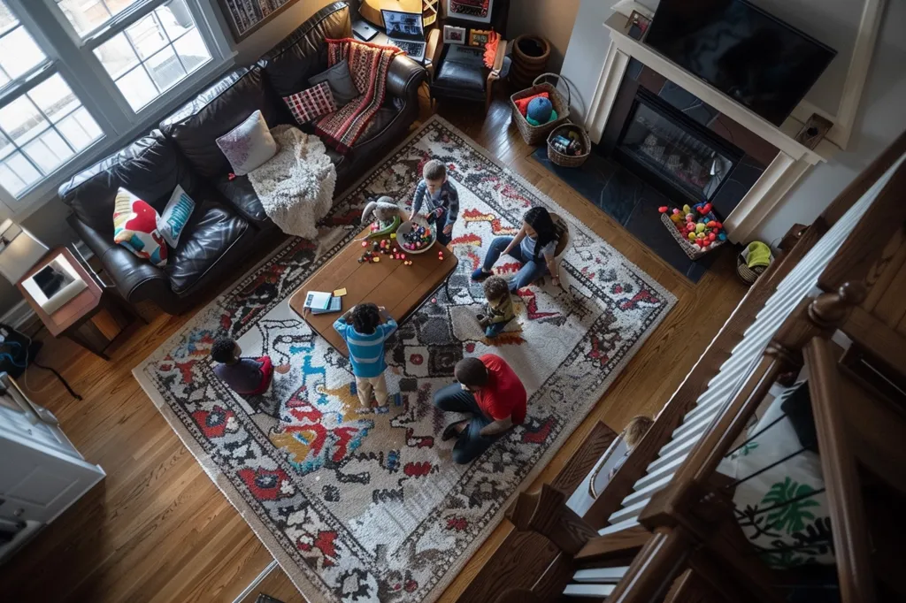 A family is gathered in their living room. The room is decorated with a large rug, a leather sofa, and a fireplace. There are four children and one adult in the room. The children are playing with toys on the floor and the adult is seated on the sofa. The room is filled with the warmth of family and laughter. The image is taken from a high angle, giving the viewer a unique perspective on the scene.