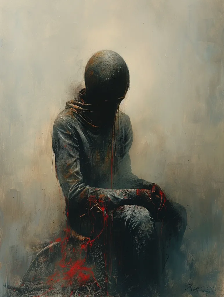 A figure with a dark, rounded head sits in a slumped pose, their face obscured. They are dressed in dark clothing, with red splatterings of what appears to be blood, dribbling from their arms and hands onto the ground. The figure is silhouetted against a muted, hazy background, creating a sense of loneliness and isolation. The artwork conveys a sense of mystery and dread.