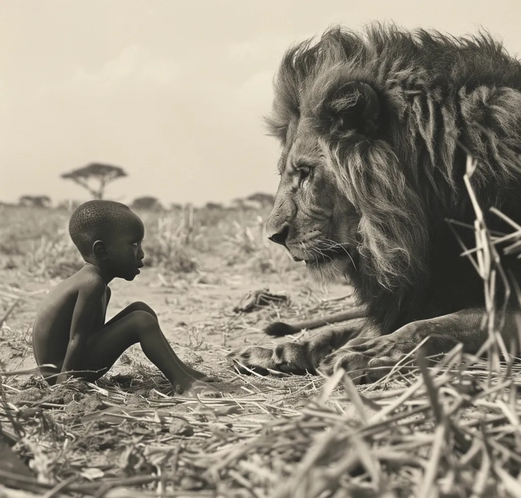 A young boy sits in the grass, his face turned towards a large lion lying nearby. The boy is bare-chested and appears to be in awe of the majestic creature. The lion stares downward, its powerful presence filling the frame. The image is shot in black and white, emphasizing the stark contrast between the innocence of the boy and the fierce power of the lion.