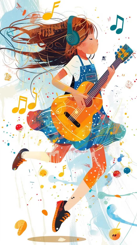 A girl with long brown hair, wearing a blue and white dress and headphones, plays a guitar. She is surrounded by colorful musical notes and paint splatters. She is smiling and appears to be having fun. The overall impression is one of joy and energy.