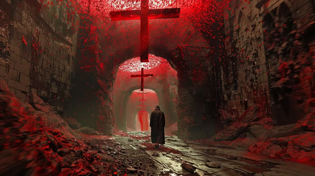 A lone figure, cloaked in black, walks down a desolate, red-tinged pathway. The path is enclosed by towering, dilapidated walls adorned with decaying brickwork and covered in crimson droplets. Above, three colossal, red crosses hang suspended, casting eerie shadows on the scene. The atmosphere is heavy with a sense of mystery and impending doom.