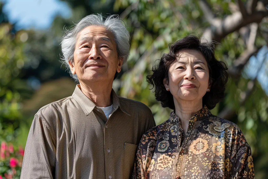 An elderly Asian couple stands side by side, looking up and smiling. The man is wearing a light brown button-up shirt. The woman is wearing a dark patterned blouse with floral accents. They are in a garden setting with green trees and foliage in the background. They appear content and happy to be together.