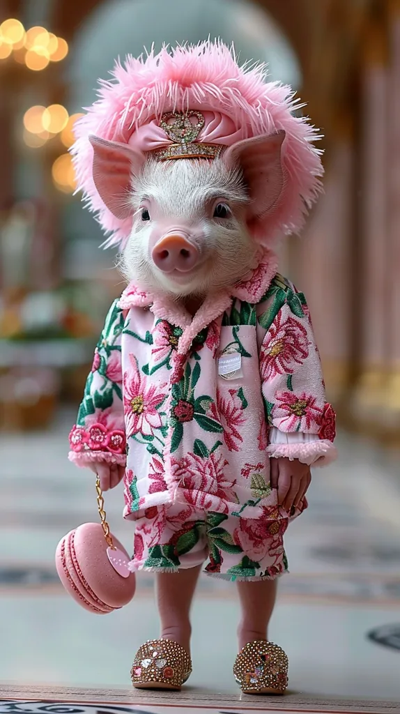 A piglet dressed in a pink floral patterned outfit and a pink feathered hat with a crown. It is carrying a pink macaron purse and wearing sparkly gold shoes. The piglet stands on a marble floor in a seemingly elegant setting. The overall image is whimsical and cute.