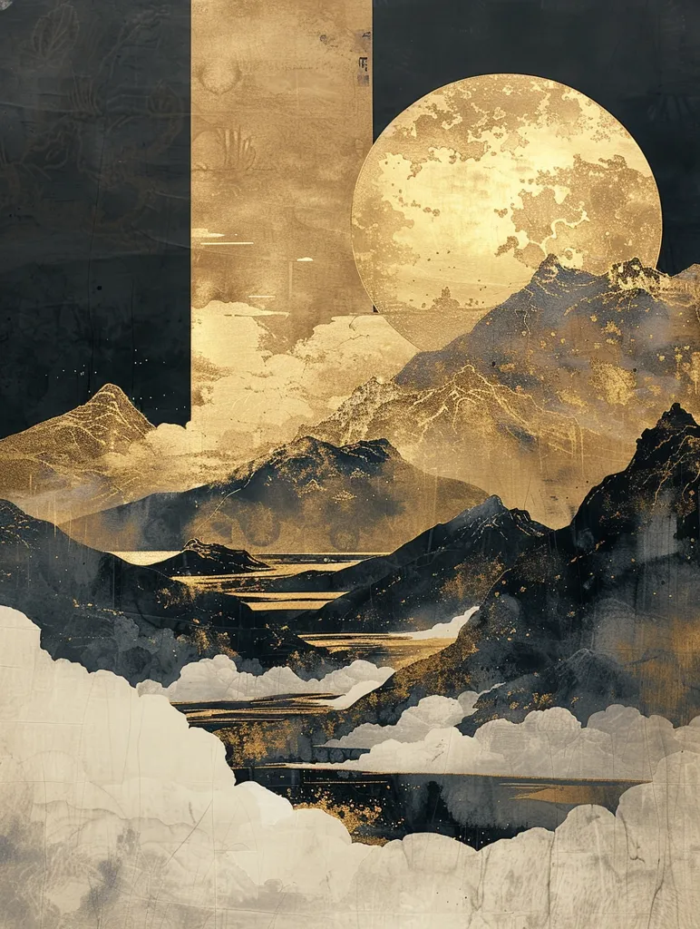 The image depicts a mountain range bathed in gold and black hues, with a large, golden moon hovering above. The scene is ethereal, with fluffy white clouds floating below the mountains and a soft, golden light emanating from the moon. The overall effect is serene and dreamlike.