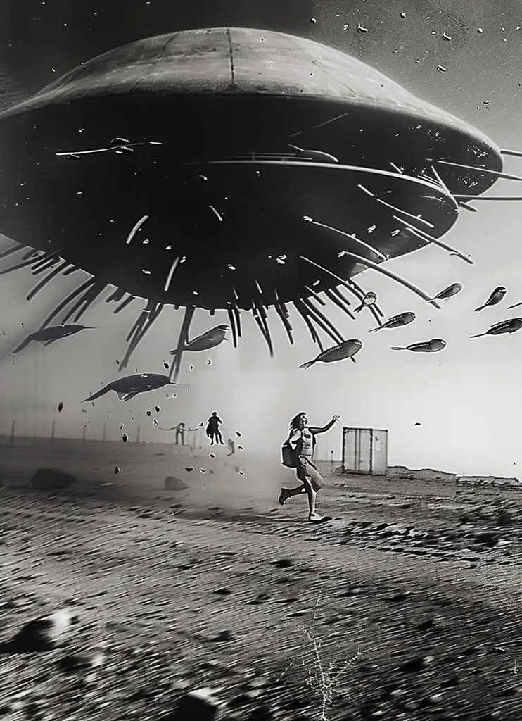The image depicts a large, round, spaceship hovering over a desolate, sandy landscape. Several small objects, possibly fish, are flying in the air as the craft descends. A lone female figure runs away from the spacecraft in the foreground, her arms outstretched as she looks back over her shoulder.  The photograph has a grainy, vintage look.  The composition is balanced, with the spaceship in the upper portion and the running figure in the lower portion, creating a feeling of looming danger and impending doom.