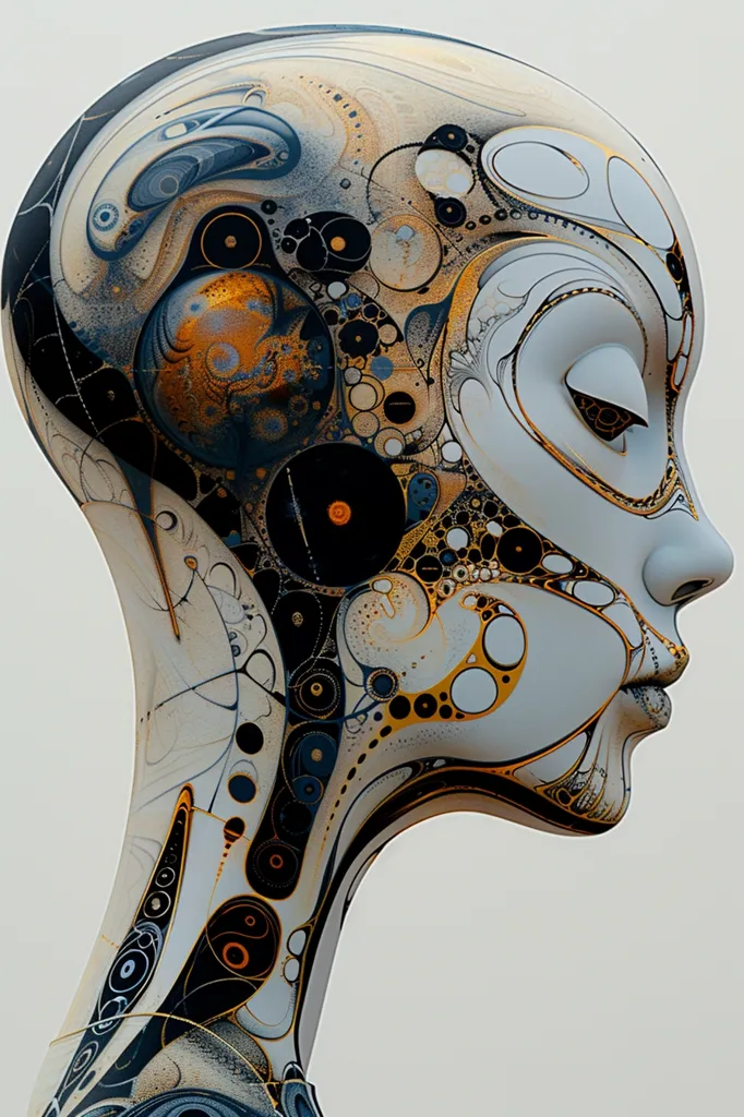 The image depicts a stylized, abstract portrait of a human head, rendered in a 3D style. The head is covered in intricate patterns of swirling lines, circles, and geometric shapes, reminiscent of circuitry or organic growth. The colors are a blend of black, white, gold, and blue, creating a striking contrast against the plain white background. The head is tilted slightly, with the eyes closed, suggesting contemplation or a meditative state.  The overall effect is one of both beauty and complexity, hinting at the intricate workings of the human mind or the merging of technology and nature.