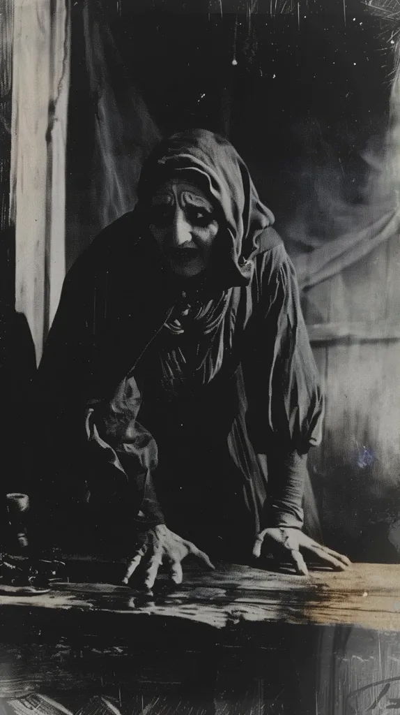 The image depicts a woman in a dark, shadowy setting.  She is dressed in a hooded cloak, and her face is obscured by the shadows, revealing only a glimpse of her eyes and nose. Her hands are extended towards the viewer, creating a sense of mystery and tension. The grainy texture of the photograph and the dark lighting contribute to a feeling of suspense and intrigue. The overall mood of the image is one of darkness, secrecy, and perhaps even danger.