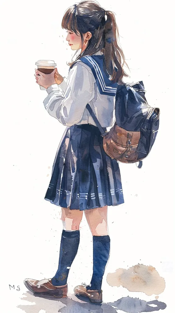 A young woman in a sailor uniform and knee-high socks is holding a cup of coffee. She wears a brown backpack and has a ponytail. The watercolor painting is light and airy, capturing a moment of quiet contemplation.  She has a soft and gentle expression as she looks down at her drink. The painting is full of detail, from the folds of her skirt to the texture of her hair.  The colors are muted and warm, creating a sense of peacefulness.