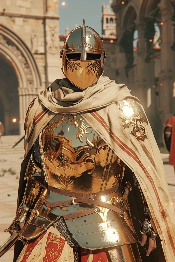 A knight in gleaming golden armor stands before a grand, stone building. His helmet is ornate, with intricate designs. A flowing white cloak with red trim drapes over his shoulders, creating a stark contrast with his armor. The knight's presence is commanding, radiating power and authority. The image evokes a sense of medieval chivalry and valor.