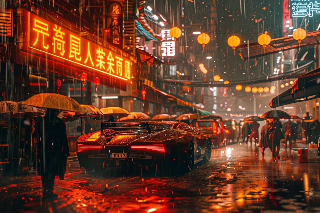 A rain-soaked city street, bustling with people carrying umbrellas. Red lanterns glow against the dark backdrop, reflecting in the wet pavement. A sleek, black sports car pulls away from the curb, its tail lights casting a crimson glow. The air hums with the sounds of rain, traffic, and the vibrant energy of a bustling city.  The image is a captivating blend of urban life and natural beauty.