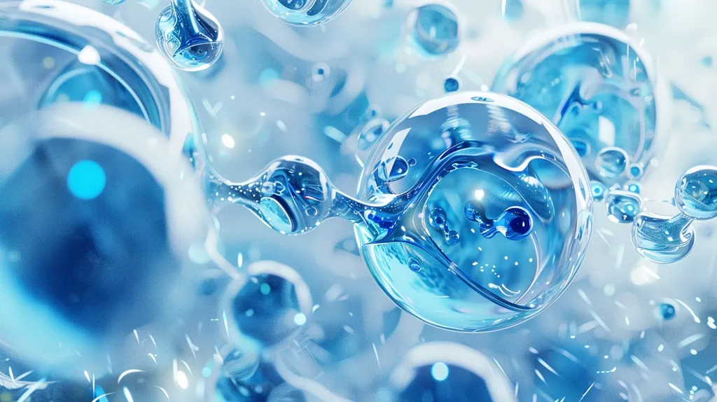 The image shows a close-up of a cluster of transparent blue bubbles, some of which are connected by thin strands. The bubbles are filled with a light blue liquid, and they appear to be floating in a hazy, white background. The image has a delicate and ethereal quality, reminiscent of water droplets or microscopic organisms.