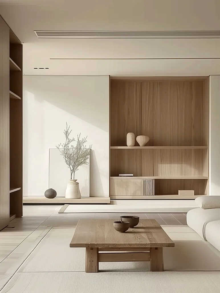 The image shows a minimalist living room with a wooden coffee table in the center. The room is decorated in a neutral color palette, with light wood tones and white walls. A small, leafy plant in a white vase is placed on a shelf, adding a touch of nature to the space. The overall feeling is one of tranquility and sophistication.