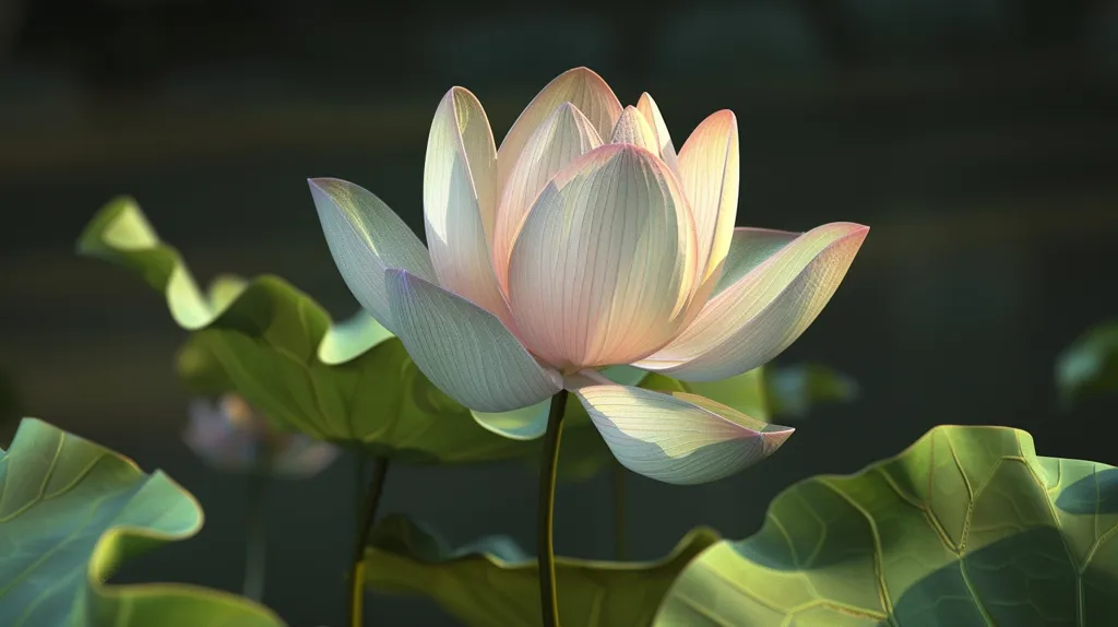 A delicate pink and white lotus flower blooms, its petals unfurling gracefully. The flower stands tall against a backdrop of lush green leaves, creating a serene and beautiful natural scene. The sunlight illuminates the flower, highlighting its delicate textures and vibrant colors.