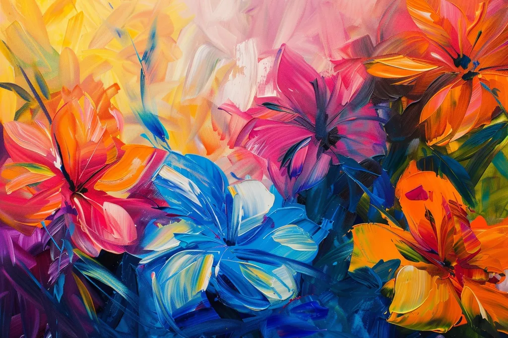 The painting is a vibrant abstract expression of a floral bouquet. It features a bold interplay of colors, including deep blues, bright oranges, and vibrant pinks, all rendered in thick brushstrokes that create a dynamic and textured surface. The flowers themselves are not realistically depicted, but rather as a collection of colorful shapes and forms that evoke a sense of movement and energy. The overall effect is one of joyful exuberance, celebrating the beauty and vibrancy of nature.