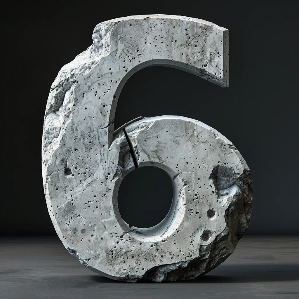 The image shows a large, weathered concrete number six. The number is  made of rough, gray concrete with visible cracks and holes. It sits on a dark, flat surface. The lighting is soft, highlighting the textures of the concrete. The overall impression is of an industrial, rugged, and weathered object.