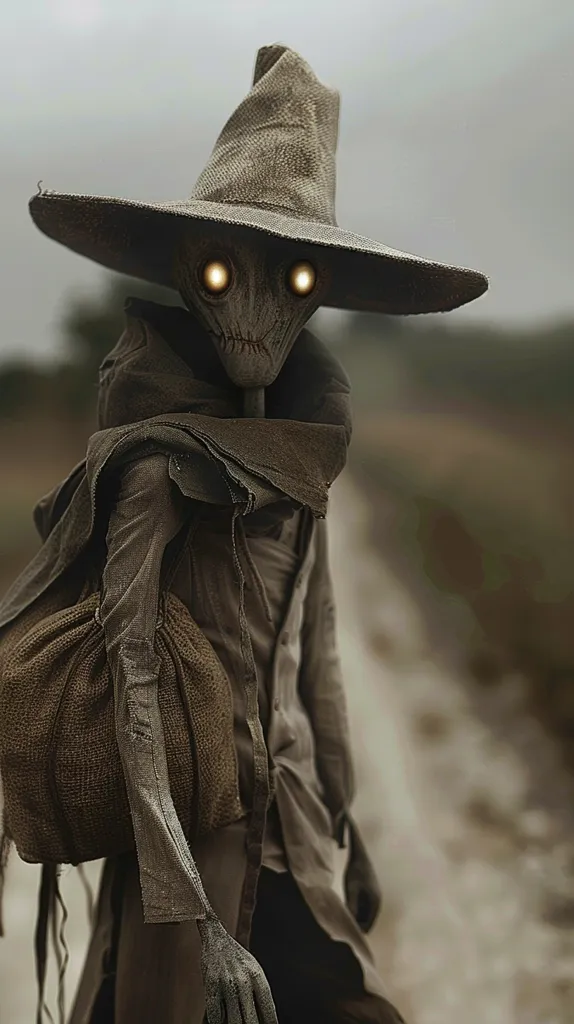 The image shows a figure wearing a large, wide-brimmed hat and a long brown coat. The figure has glowing yellow eyes and a gaunt face. They are carrying a large burlap sack over their shoulder, and they are walking on a dirt road in a desolate landscape. The overall tone of the image is dark and mysterious, suggesting a sense of isolation and danger.  The lighting is muted and shadowy, adding to the eerie atmosphere. The figure’s gaze is fixed on the horizon, giving a sense of movement and purpose.