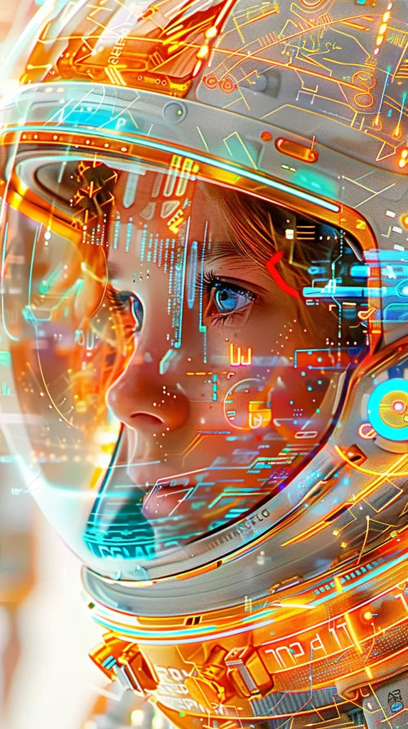 A close-up of a futuristic helmet with a human face visible through the visor. The helmet is adorned with intricate patterns of bright orange and blue lines, giving the impression of a complex technological interface. The human face, with piercing blue eyes, appears both vulnerable and empowered within this technological marvel. The image evokes a sense of wonder and mystery, suggesting a story of exploration and technological advancement.
