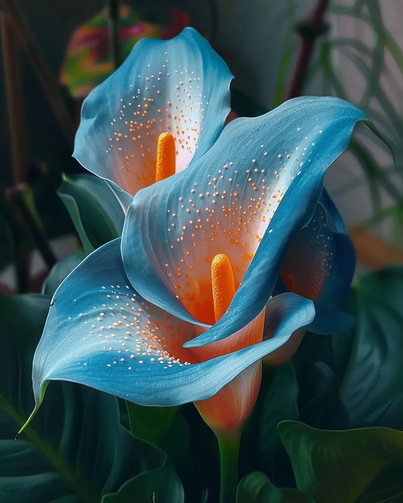 Two vibrant blue calla lilies with white and orange centers are in focus, surrounded by dark green leaves. The lilies are delicate and elegant, with the petals curving inward and the centers showing a vibrant orange. The image captures the beauty of these exotic flowers in a close-up shot.