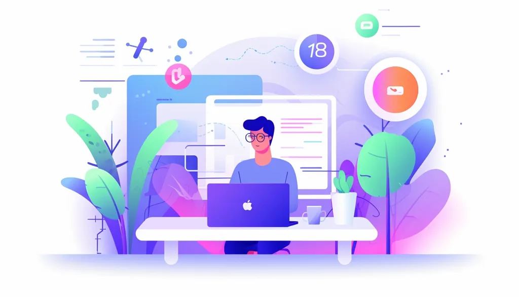The image depicts a man with glasses sitting at a desk, working on a laptop. He is surrounded by colorful digital elements, including icons, lines, and plants. The background is a gradient of blue, purple, and white, creating a modern and stylish feel. The man's focused expression suggests he is engrossed in his work.  The overall image represents the digital world, technology, and creativity.