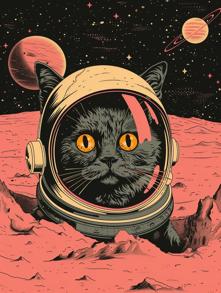 A black cat wearing an astronaut's helmet peers out from a crater on a red planet. The cat's yellow eyes are visible through the visor, and its whiskers are slightly visible. The background features a dark starry sky with a planet and a ringed planet. The scene is rendered in a retro-futuristic style with vibrant colors and bold lines.