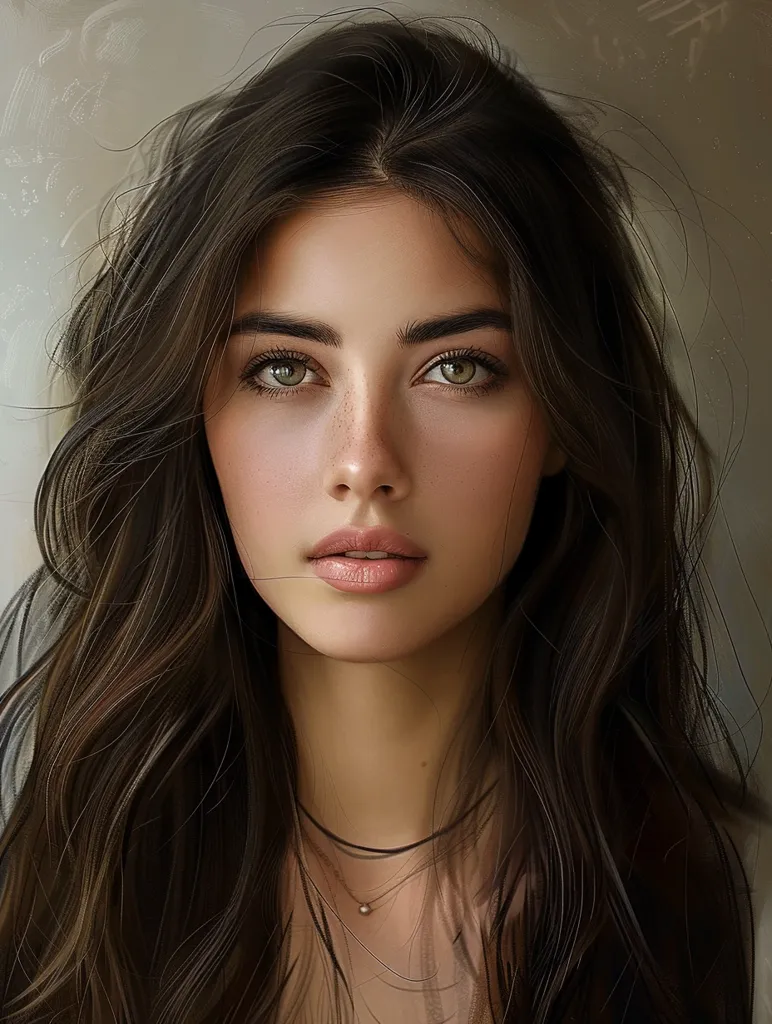 The image is of a woman with long, dark brown hair. She has light brown skin with freckles, and her eyes are a light brown color. She is wearing a thin silver necklace. Her hair is parted down the middle and hangs over her shoulders, framing her face. She is looking directly at the viewer with a neutral expression. The background is a soft, light brown color.