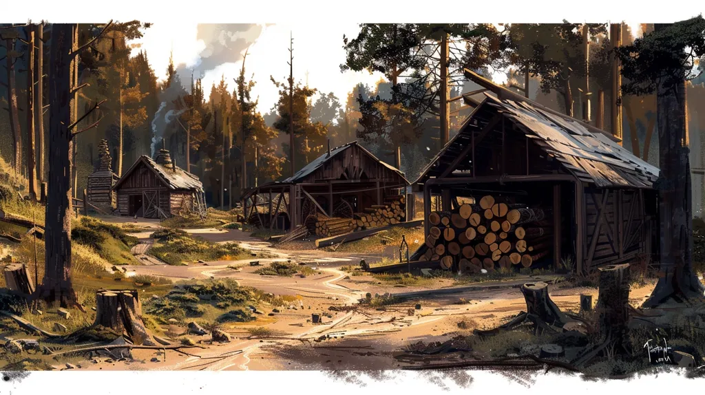 A rustic, woodland scene with three weathered wooden structures, possibly a lumber mill, amidst a dense forest. The image is bathed in soft, warm sunlight, highlighting the rough-hewn wood and creating a sense of tranquility and solitude. Stacks of timber lie near the buildings, while a dirt path winds through the undergrowth, inviting the viewer deeper into the forest.