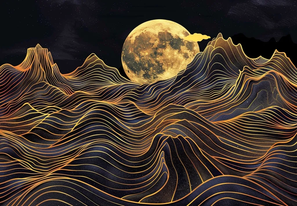 The image depicts a stylized, abstract landscape of golden lines forming rolling hills against a black starry night sky. A large, golden moon hangs in the sky, casting a soft glow over the scene. The lines create a sense of depth and movement, as if the hills are flowing and shifting. The image evokes a sense of tranquility and wonder.
