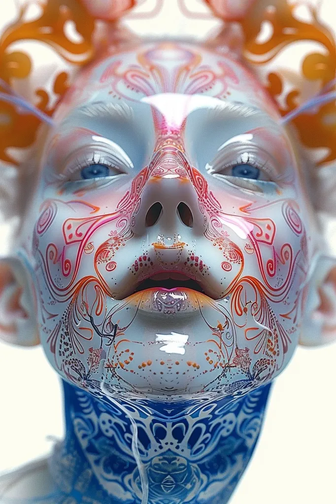A close-up portrait of a person with intricate, colorful patterns covering their face and neck. The patterns are mostly red and blue, with white accents. The person has blue eyes and a slightly parted mouth, revealing a pink tongue. The image is stylized and looks like a digital artwork. The background is a soft white, highlighting the details of the patterns.