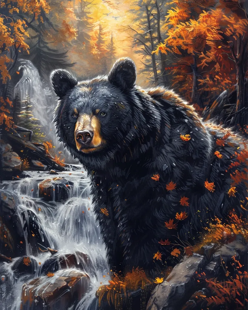 A black bear stands in a forest setting, its fur glistening with raindrops. It gazes intently at something off-screen, its presence dominating the scene. Lush foliage in hues of green and gold surrounds the bear, while a cascading waterfall adds to the sense of tranquility and wild beauty. The image evokes a feeling of harmony between nature and its creatures.