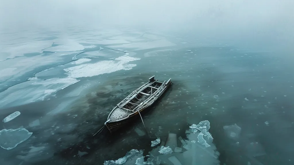 A weathered wooden boat sits alone in a vast expanse of icy water. The water is a dark, deep blue, and the ice is broken into large, jagged pieces. A thin layer of mist hangs in the air, adding to the sense of solitude and isolation. The scene is both beautiful and desolate, suggesting a sense of abandonment and lost hope.