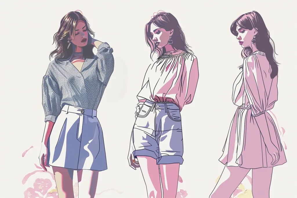 The image depicts three women in different outfits.  The woman on the left wears a blue dotted shirt with white shorts.  The middle woman wears a white blouse and denim shorts.  The woman on the right wears a pink dress.  They are all facing different directions and their poses suggest they are  either walking or posing.  They are drawn in a cartoon style with soft lines.  The background is a pale peach color.