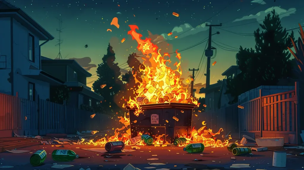 A dumpster fire burns brightly in the middle of a suburban street, illuminating the surrounding houses and fences. The fire is fueled by various items, including glass bottles, cans, and paper. A sign on the dumpster reads "Do Not Lift Lid." The scene is a stylized illustration, reminiscent of an animated film. The overall mood is one of chaos and destruction, perhaps hinting at the consequences of irresponsible actions.