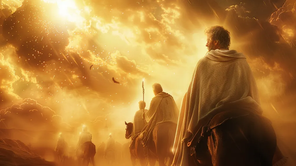 A group of men, cloaked in white, ride horses towards a blindingly bright light. The sky is filled with golden clouds and sparkles. The men seem to be on a journey of great importance, their faces obscured by the light. The scene suggests a sense of hope, faith, and a quest for something beyond the horizon.