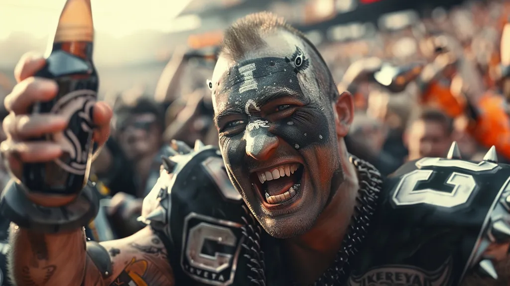 A man with a mohawk and face paint, wearing a black and silver football jersey with spikes, holds a can of beer and grins wildly. He's surrounded by a crowd of blurry figures. The scene suggests a rowdy, high-energy sporting event or a concert. His wild expression conveys excitement, perhaps even aggression. The overall feel of the image is charged with adrenaline and a sense of fervent fandom.