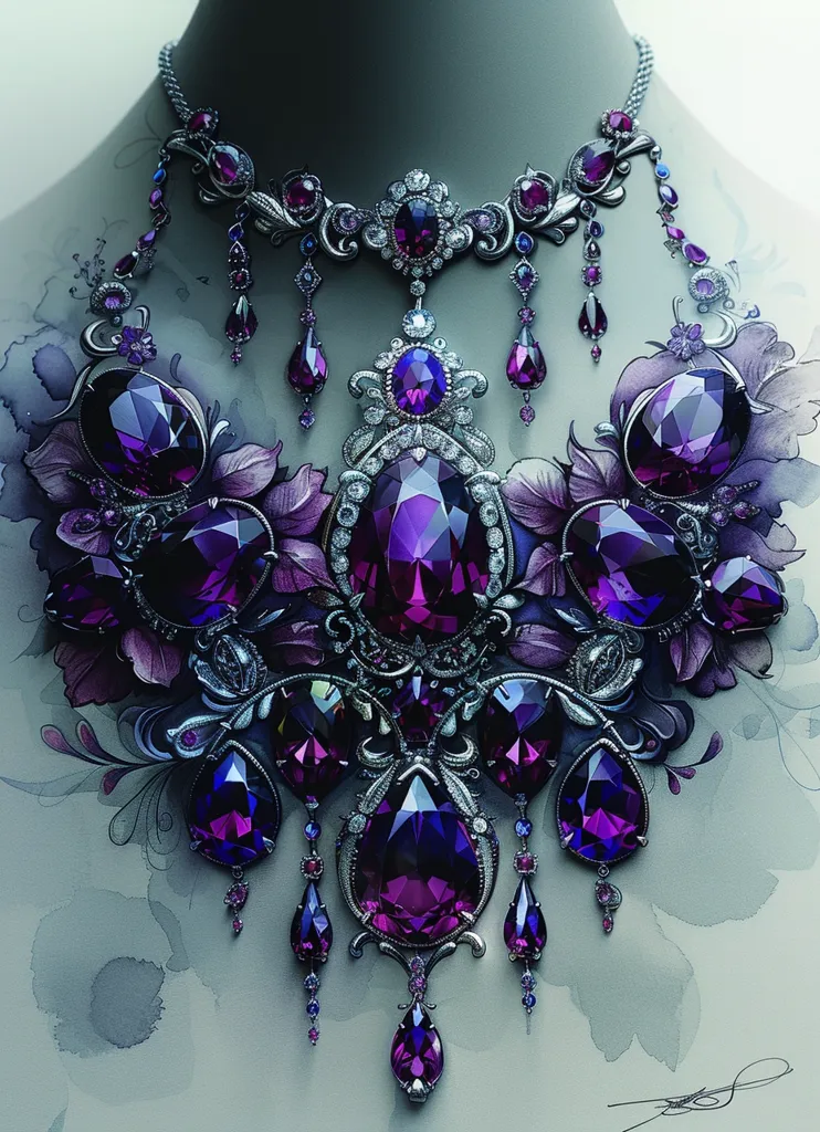 A silver necklace with intricate filigree design is adorned with a multitude of large, faceted amethyst gemstones. The necklace is displayed on a watercolor background, creating a sense of ethereal beauty and luxury. Its craftsmanship and vibrant colors make it a captivating piece of jewelry.