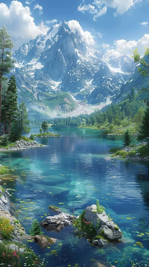 A serene mountain lake nestled at the base of a snow-capped peak. The clear blue water reflects the sky and surrounding mountains, creating a tranquil atmosphere. Lush greenery borders the lake, adding to the natural beauty of the scene. A gentle breeze rustles through the trees, carrying the scent of pine and wildflowers.  The image evokes a sense of peace and serenity.