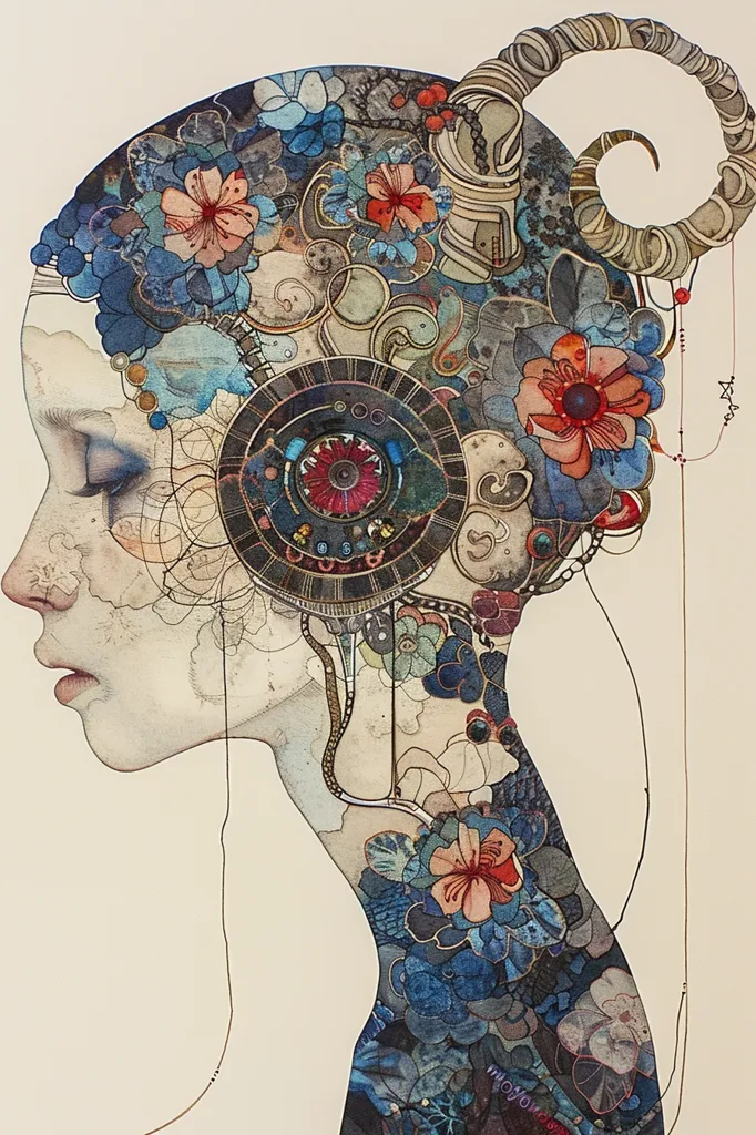 The image depicts a woman's head and shoulders in profile, her face is delicate with soft features. Her hair is adorned with a intricate and elaborate crown of flowers, leaves, and a spiral horn. The colors are muted and pastel, with blues, greens, and reds dominating. The overall impression is one of delicate beauty and intricate detail.