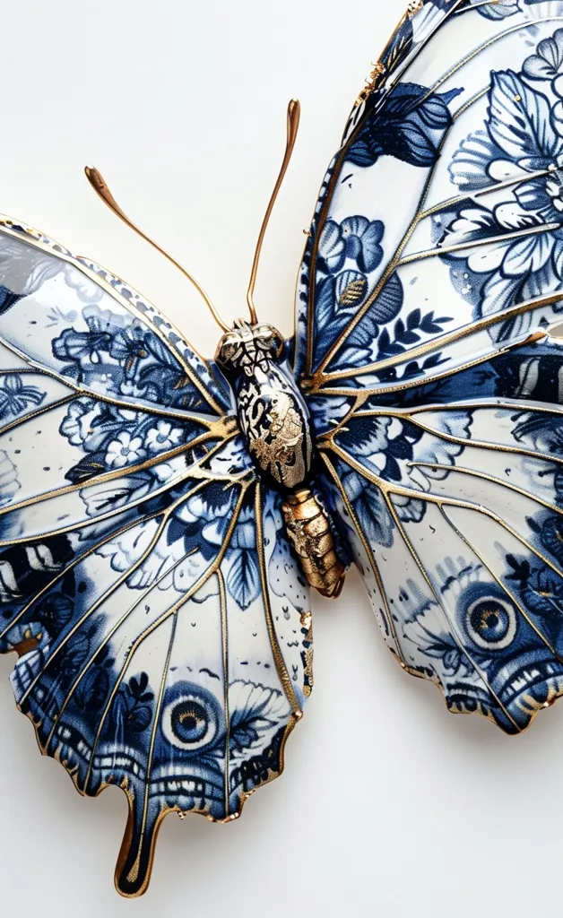 The image shows a ceramic butterfly with intricate details. Its wings are painted in a delicate blue and white pattern, reminiscent of porcelain china, with gold accents outlining the veins and edges. The butterfly's body is also intricately crafted, with gold detailing and a textured surface. The butterfly is set against a simple white background, allowing the detailed artwork to stand out.