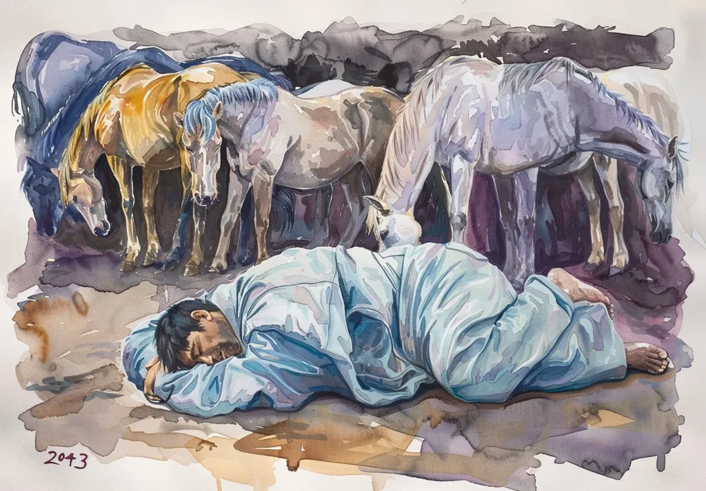 The painting depicts a man lying asleep on the ground with his head resting on his arm. He is wearing a blue robe. In the background, there are four horses, three of them white or light brown and one dark brown. The scene is painted in a realistic style with soft, muted colors. The overall mood is calm and peaceful.  The painting is dated 2043 in the bottom left corner.