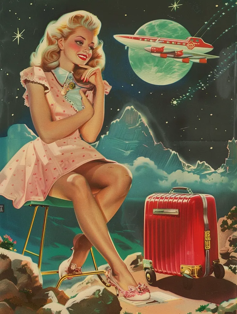 A woman in a pink dress and heels sits on a stool in a dreamy, space-like landscape. A red airplane flies over a green moon in the background. The woman looks off to the side, while a red suitcase sits in the foreground. The scene is set against a dark blue and starry night sky, and the overall impression is one of glamorous travel and fantasy.