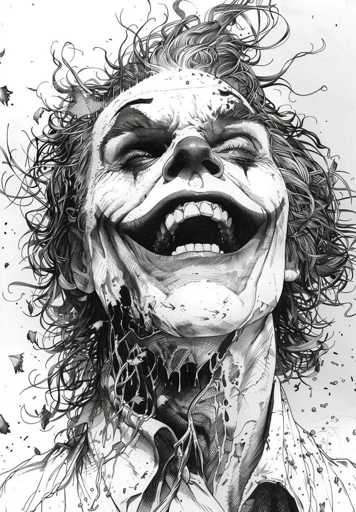 The image depicts a detailed, black and white drawing of the Joker. His hair is windblown, and his eyes are wide open, revealing a manic grin with his teeth bared. The drawing is highly detailed, showcasing the texture of his skin and clothing. The overall effect is one of chaotic energy and unsettling intensity. The Joker's expression conveys a sense of madness and malicious joy.