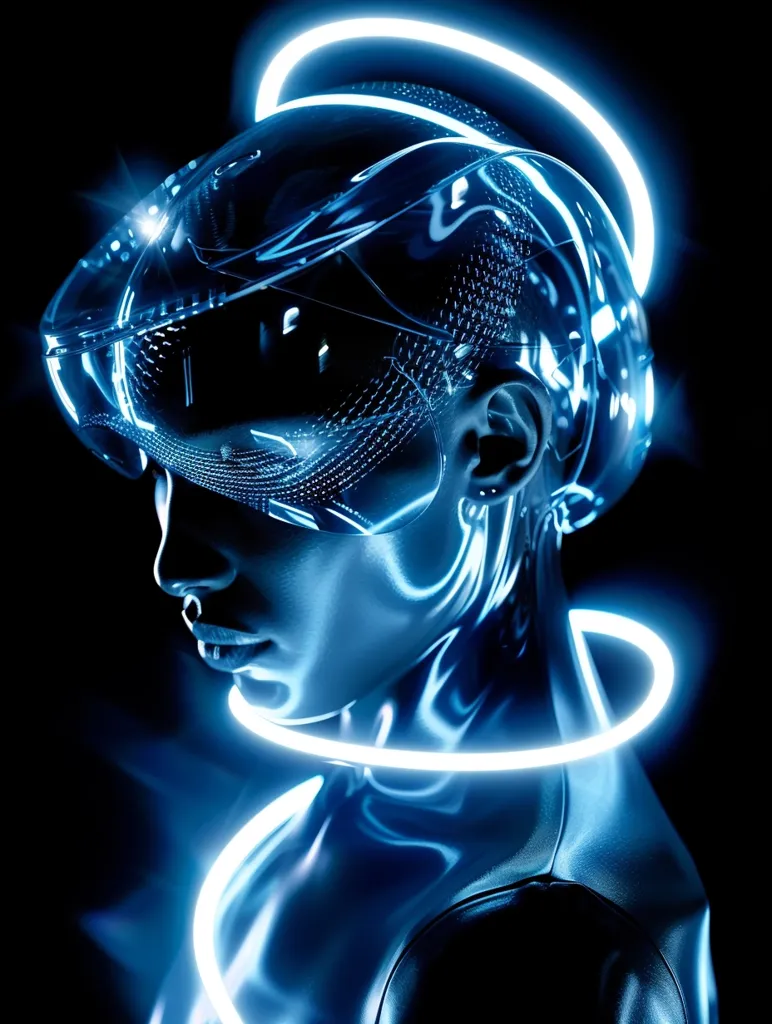 The image shows a futuristic, cyborg-like figure with a sleek, metallic helmet and a glowing blue halo. The figure's face is partly obscured, but their eyes are visible and they appear to be looking downwards. The background is black, creating a dramatic contrast with the glowing blue elements. The image evokes a sense of mystery and technological advancement.