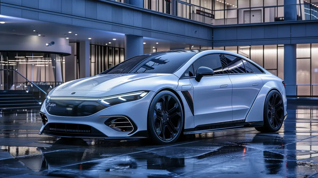 A sleek, white sports car with black accents sits on a wet, reflective surface in front of a modern building. The car has large wheels and a low profile, with a distinctive front grille and a “Rain” logo.  The building has a glass facade and a modern design. The image has a cool and futuristic feel.