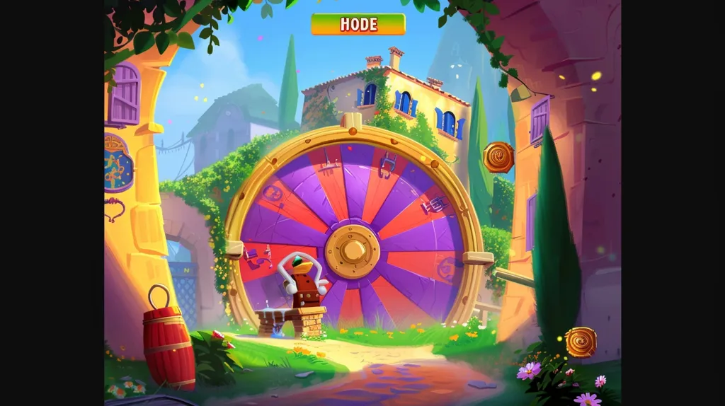 A whimsical, cartoon-style image features a large, colorful spinning wheel in the center of a garden. The wheel is surrounded by lush greenery and flowers. A small, cartoonish character stands near the wheel, and a red barrel sits on the ground to the left. The scene is set against a bright blue sky and a quaint, yellow building in the background. The words "HODE" appear in a green banner above the wheel, suggesting a game or interactive element.