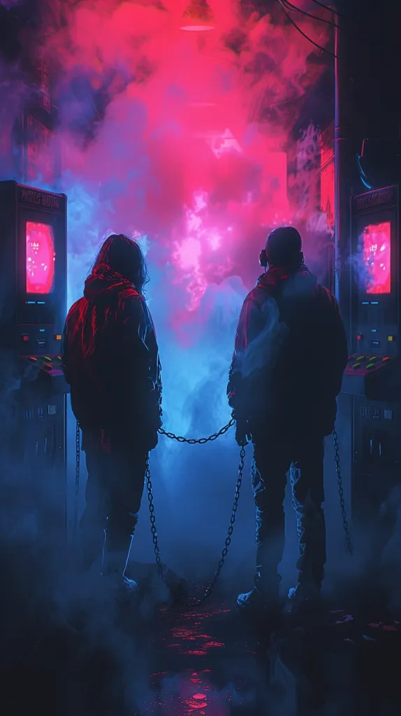 Two figures stand silhouetted against a backdrop of vibrant pink and blue light. The air is thick with fog, and the figures are connected by a chain.  They stand in front of two tall, futuristic machines, illuminated by a glowing red light.  The scene has a dark and mysterious atmosphere, creating a sense of intrigue.