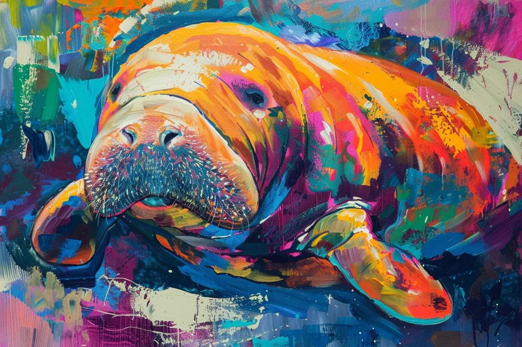 The painting features a manatee in a vibrant, abstract style. The animal is depicted in a close-up, with its large, fleshy snout and whiskered mouth facing the viewer. The manatee's body is painted in a swirling mix of bright colors, including yellow, orange, pink, blue, and green. The background is a chaotic blend of color and texture, suggesting the underwater environment.  The bold strokes and saturated hues create a dynamic and energetic composition.
