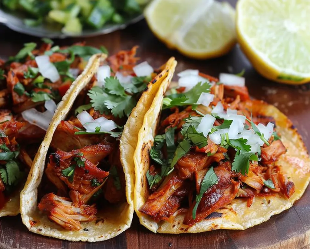 Three tacos filled with shredded meat, topped with chopped onions, cilantro, and a red sauce. The tacos are sitting on a wooden board next to two lime wedges. The image captures the vibrant colors and flavors of authentic Mexican cuisine.